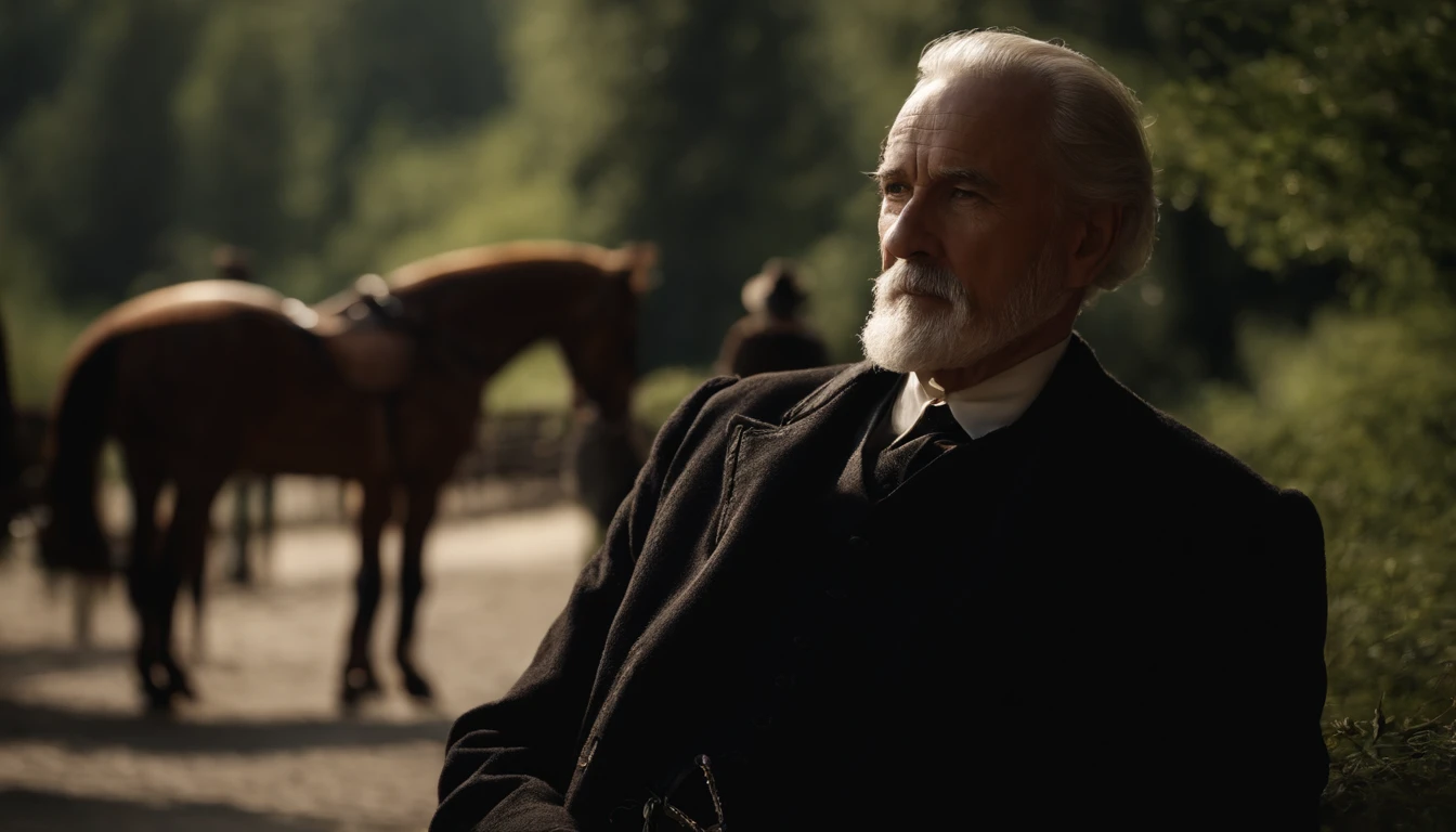 Old gentleman with a goatee,Touch the black riding boots with your hands, 8K分辨率,Wallpaper masterpiece,Best quality,Highly meticulous,Ultra high quality,The midday sun is a bit dazzling