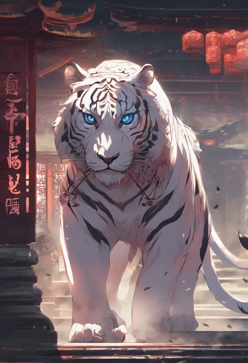 China-style,Chinese mythology,the white tiger,tosen,Ferocious,gargantuan,The eyes glow red,Glow effects,the night,中景 the scene is,Full body like, highly detailed surreal vfx,oc rendered, - AR 16:9 --q 2 --s 1000