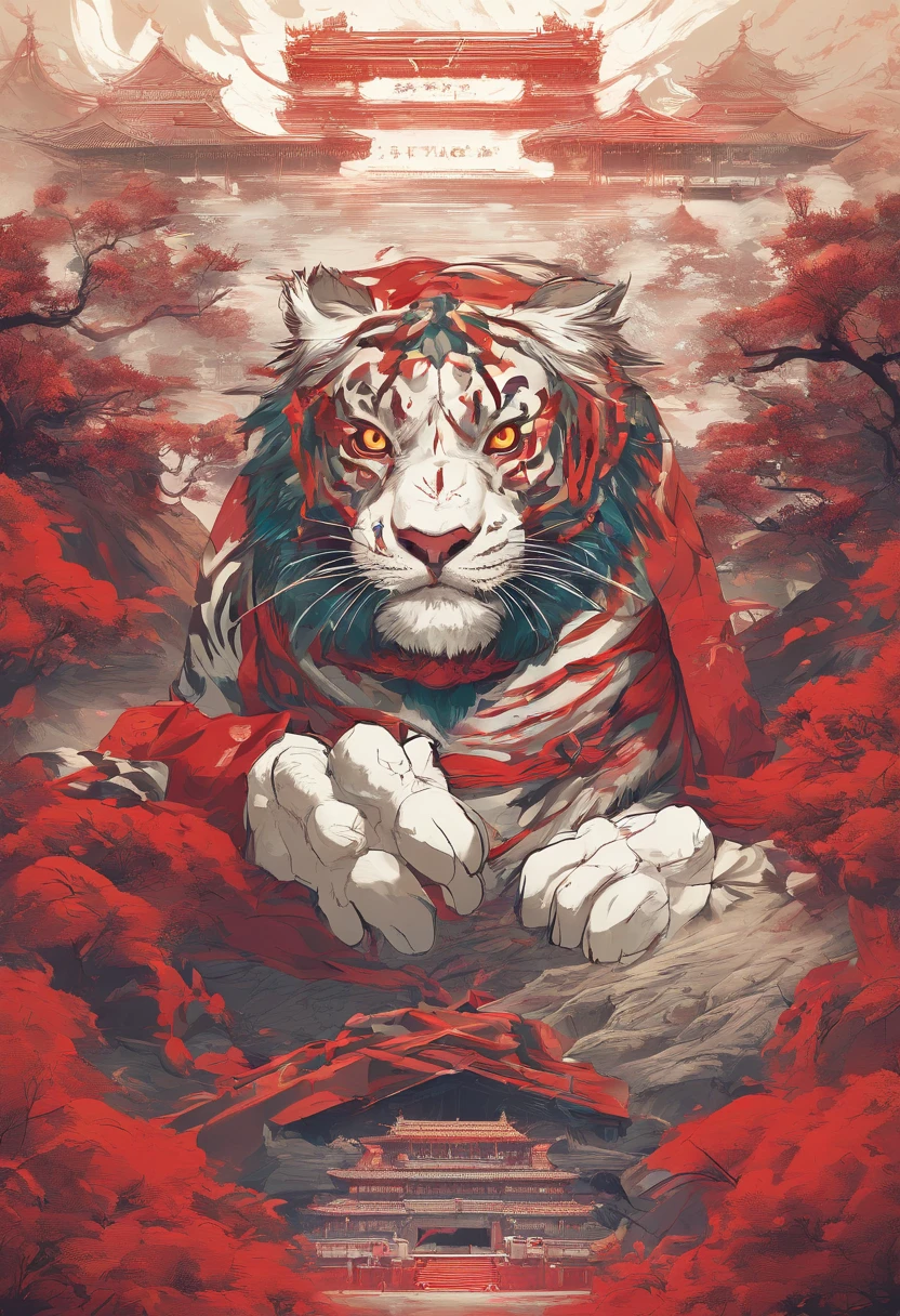 China-style，Chinese mythology，the white tiger，tosen，Ferocious，gargantuan，The eyes glow red，Glow effects，the night，中景 the scene is，Full body like， highly detailed surreal vfx，oc rendered， - AR 16:9 --q 2 --s 1000