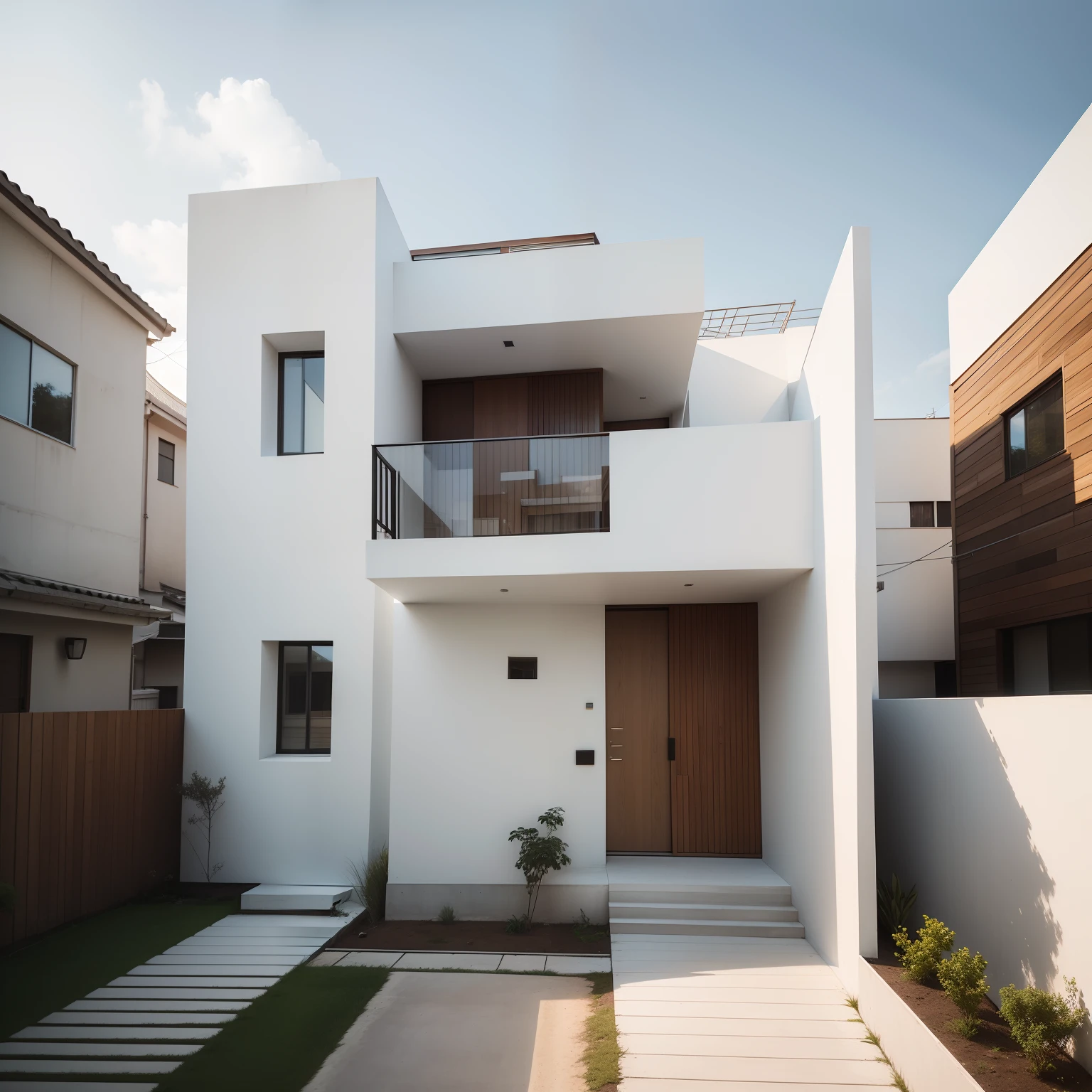 minimalist house design, two floors, cream paint, narrow, roof top, architectural, unique, wood and concrete materials, glass, environmentally friendly