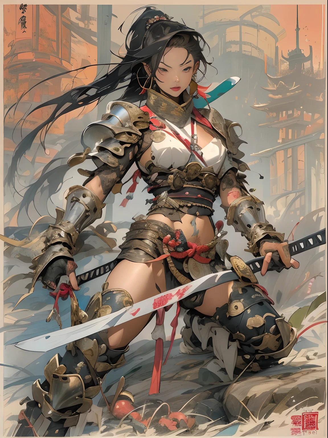 (((woman))), (((best qualityer))), (((tmasterpiece))), (((AS-Adult))), ((( Japanese ))), Look up from your knees, A beautiful asian samurai woman with perfect body, Modern samurai, ((( Asian))), Wear gloves on your hands,The left arm is made of steel and metal tips,Made of protective devices, The eyes are pulled, (( Appears below the breast )), (( Small dental floss )), Simon Bisley, Almost naked(Simon Bisley)Castle City Wilderness,For high-resolution posters, hair straight, Minimum clothing, armure (Crazy clothes ), Full of tips and rivets, tribal tattoos, (((full bodyesbian))), Straight brunette hair,Colored hair ends