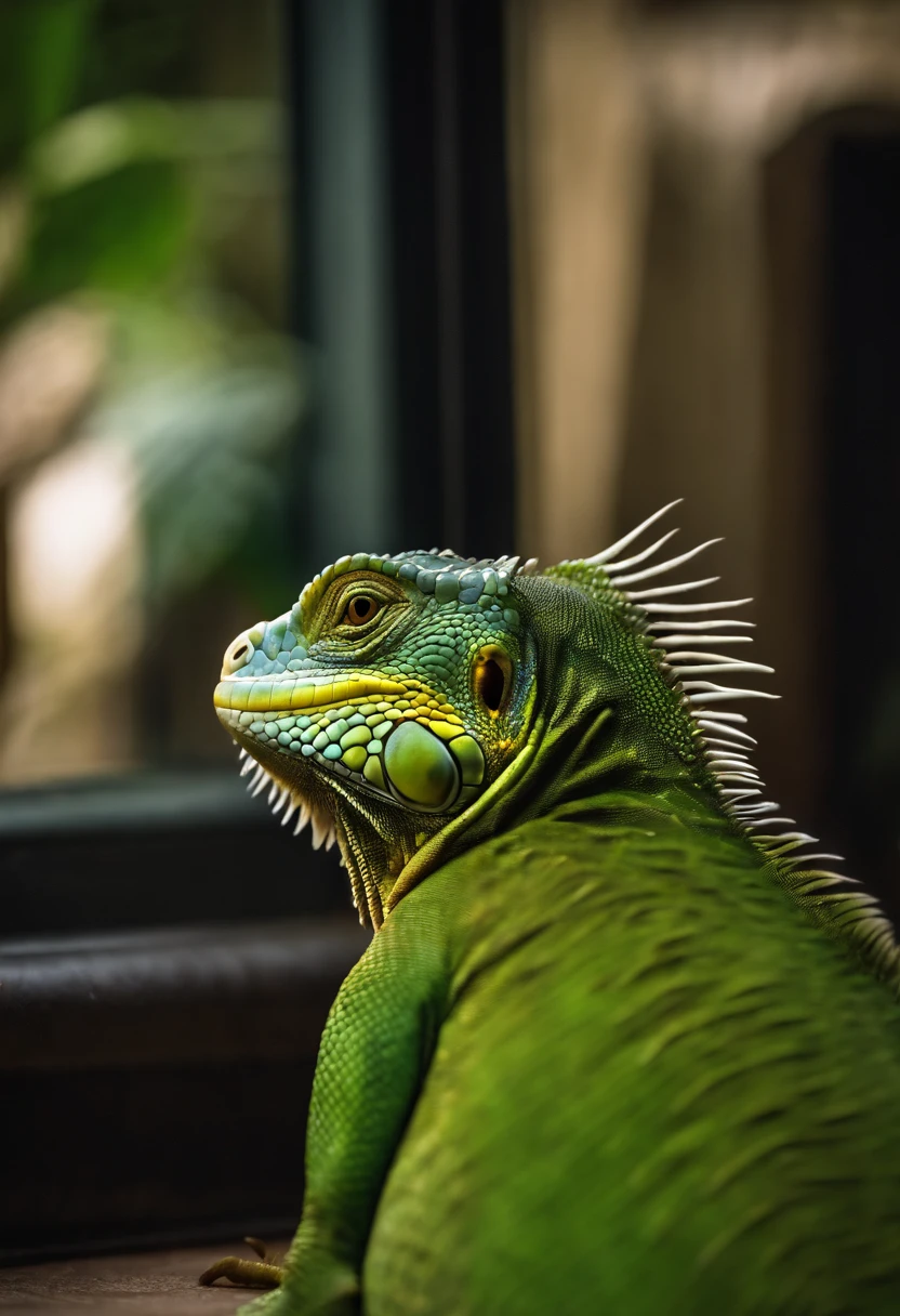 Adult green iguana,Body shape huge,Stout,Half-body close-up,The backstab is long and pronounced,The throat fan opens,Skin scales granular bumpy texture,Metallic gradient color,unreality,Magic,Film and television science fiction,cyber punk perssonage,Computer effects,Exaggerated details,High-definition Fujifilm color photo,The light from the back window is backlighted,8K,Near real and far virtual