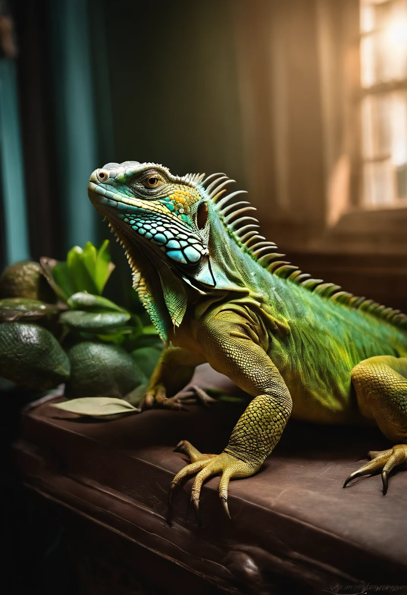 Adult green iguana，Body shape huge，Stout，Half-body close-up，The backstab is long and pronounced，The throat fan opens，Skin scales granular bumpy texture，Metallic gradient color，unreality，Magic，Film and television science fiction，cyber punk perssonage，Computer effects，Exaggerated details，High-definition Fujifilm color photo，The light from the back window is backlighted，8K，Near real and far virtual