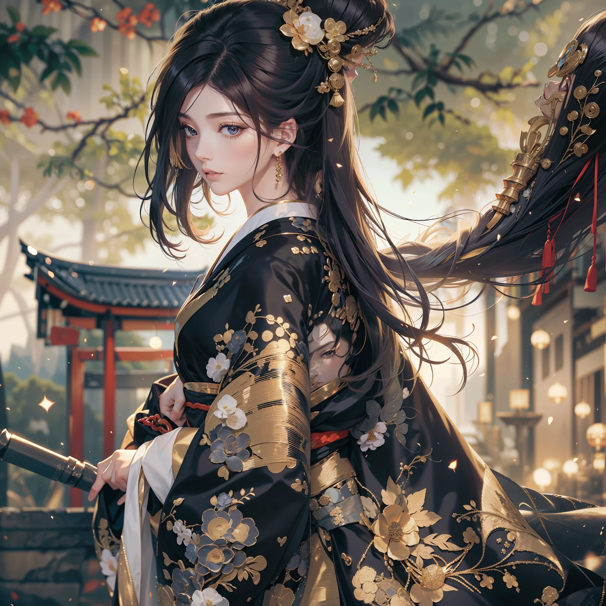 watching at viewers、Ancient capital and moon in the background、poneyTail、Woman with shiny black hair、{{{Luxury kimono(Black kimono(Detailed golden embroidery,))}}}、face perfect,Depict a beautiful and graceful woman of Japan。Heart in the eye。full body Esbian。 Wallpaper 8K, .Blur the background with a sickle,((masutepiece)), ((Best Quality))