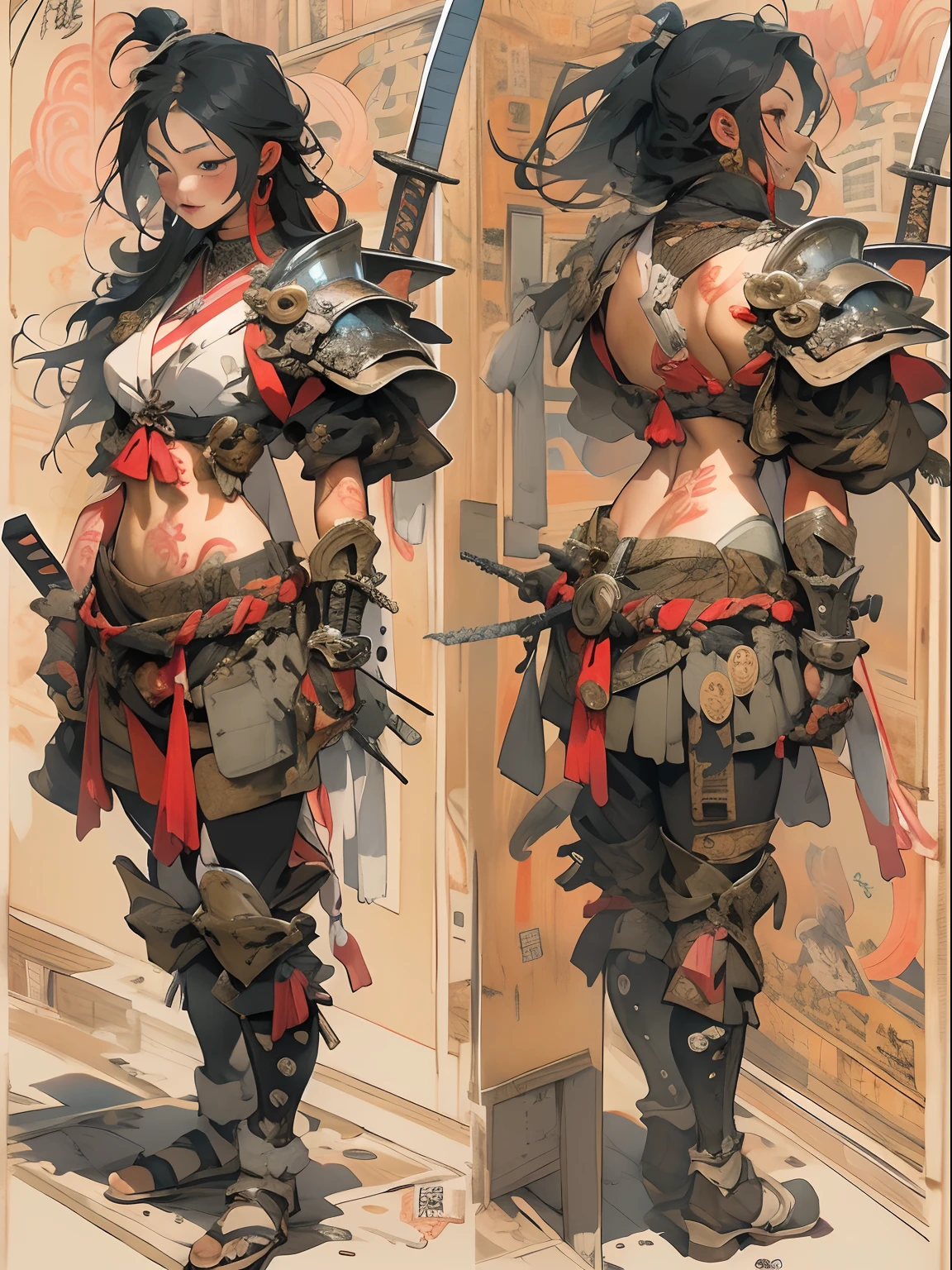 (((woman))), (((best qualityer))), (((tmasterpiece))), (((AS-Adult))), ((( Japanese ))), Look up from your knees, A beautiful asian samurai woman with perfect body, Modern samurai, ((( Asian))), Wear gloves on your hands,The left arm is made of steel and metal tips,Made of protective devices, The eyes are pulled, (( Appears below the breast )), (( Small dental floss )), Simon Bisley, Almost naked(Simon Bisley)Castle City Wilderness,For high-resolution posters, hair straight, Minimum clothing, armure (Crazy clothes ), Full of tips and rivets, tribal tattoos, (((full bodyesbian))), Straight brunette hair,Colored hair ends