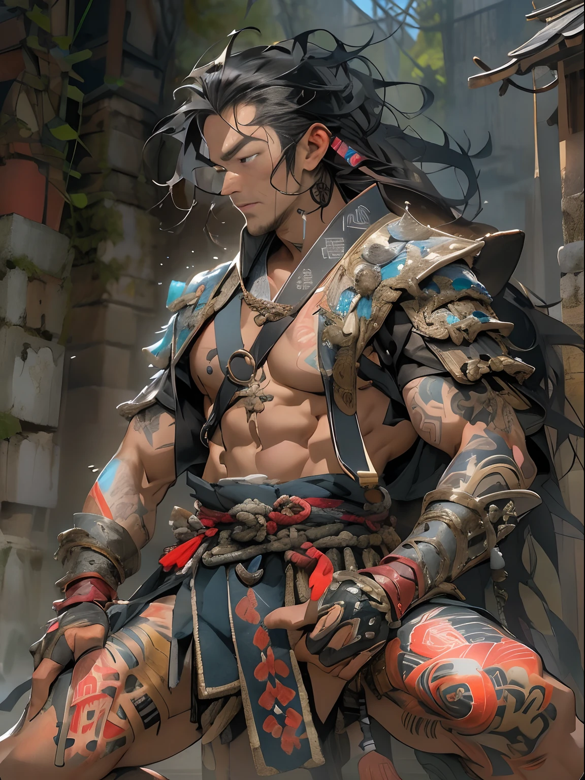 (((mtu))), (((best qualityer))), (((tmasterpiece))), (((AS-Adult))), ((( Japanese ))), Look up from your knees, Handsome Asian samurai,perfect body figure, Modern samurai, ((( Asian))), Wear gloves on your hands,The left arm is made of steel and metal tips,Made of protective devices, The eyes are pulled, (( Appears below the chest )), (( Small dental floss )), Simon Bisley, Almost naked(Simon Bisley)Castle City Wilderness,For high-resolution posters, hair straight, Minimum clothing, armure (Crazy clothes ), Full of tips and rivets, tribal tattoos, (((full bodyesbian))), Straight brunette hair,Colored hair ends