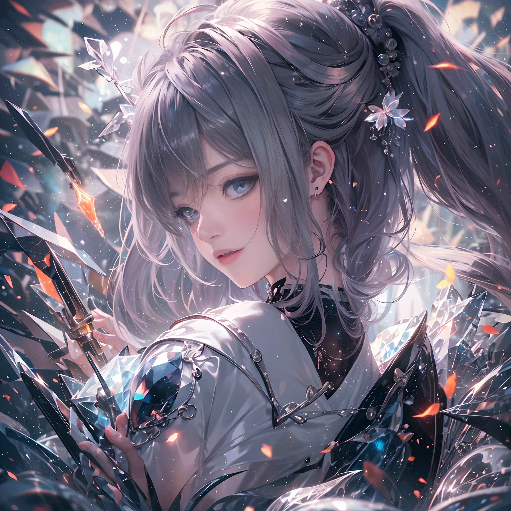 Bathed in the light of the moon、sitting on、Woman with shiny gray hair。Dressed in a black kimono、Depict a beautiful and graceful woman of Japan。Detailed CG and high definition、Take advantage of better lighting for light and shadow、Draw a beautiful scene。full body Esbian。 beautiful anime artwork, beautiful anime art, 8K anime art wallpapers, beautiful fantasy anime, Beautiful anime, Detailed anime artwork.blur backgroun、hair bobbles, longeyelashes, Solid Circle Eyes, lightsmile, ear blush, Colored inner hair, Ponytail, shairband, crescent-shaped hair ornament, Mismatched pupils, lickling lips, surrealism, drop shadow, anaglyph, stereograms, Tachi-e, POV, Atmospheric perspective, Chiaroscuro, Blurry, spark of light, Realism, One-person viewpoint, Wide Shot, 8K, Super Detail, ccurate, Best Quality, nffsw, Retin、eyeballs, heart in eye, Torogao, oral invitation
