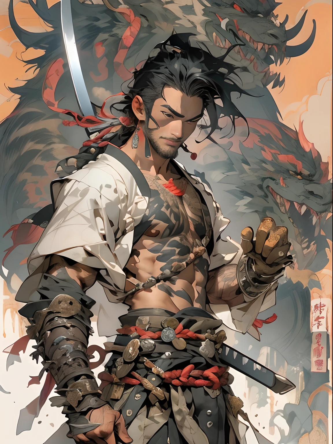 (((mtu))), (((best qualityer))), (((tmasterpiece))), (((AS-Adult))), ((( Japanese ))), Look up from your knees, Handsome Asian samurai,perfect body figure, Modern samurai, ((( Asian))), Wear gloves on your hands,The left arm is made of steel and metal tips,Made of protective devices, The eyes are pulled, (( Appears below the chest )), (( Small dental floss )), Simon Bisley, Almost naked(Simon Bisley)Castle City Wilderness,For high-resolution posters, hair straight, Minimum clothing, armure (Crazy clothes ), Full of tips and rivets, tribal tattoos, (((full bodyesbian))), Straight brunette hair,Colored hair ends