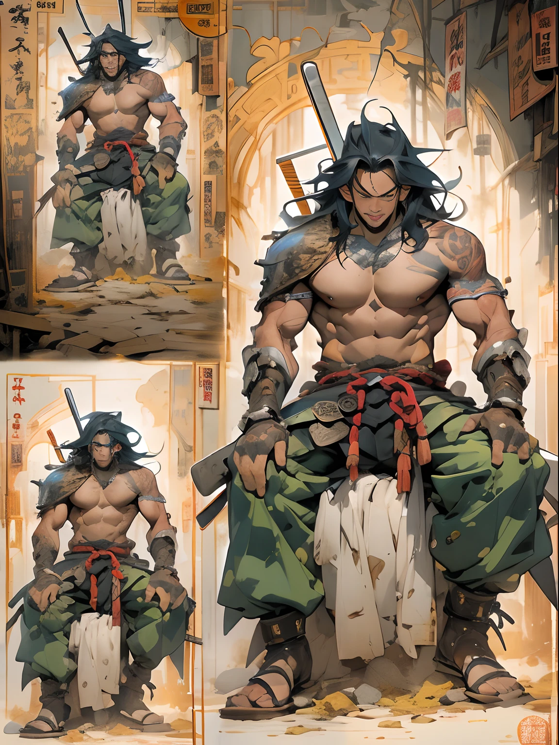 (((mtu))), (((best qualityer))), (((tmasterpiece))), (((AS-Adult))), ((( Japanese ))), Look up from your knees, Handsome Asian samurai,perfect body figure, Modern samurai, ((( Asian))), Wear gloves on your hands,The left arm is made of steel and metal tips,Made of protective devices, The eyes are pulled, (( Appears below the chest )), (( Small dental floss )), Simon Bisley, Almost naked(Simon Bisley)Castle City Wilderness,For high-resolution posters, hair straight, Minimum clothing, armure (Crazy clothes ), Full of tips and rivets, tribal tattoos, (((full bodyesbian))), Straight brunette hair,Colored hair ends