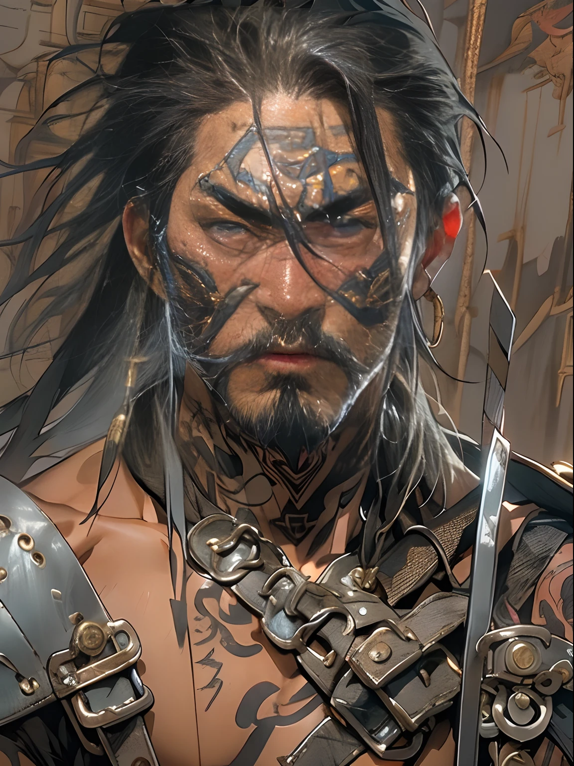 (((mtu))), (((best qualityer))), (((tmasterpiece))), (((AS-Adult))), ((( Japanese ))), Look up from your knees, Handsome Asian samurai,perfect body figure, Modern samurai, ((( Asian))), Wear gloves on your hands,The left arm is made of steel and metal tips,Made of protective devices, The eyes are pulled, (( Appears below the chest )), (( Small dental floss )), Simon Bisley, Almost naked(Simon Bisley)Castle City Wilderness,For high-resolution posters, hair straight, Minimum clothing, armure (Crazy clothes ), Full of tips and rivets, tribal tattoos, (((full bodyesbian))), Straight brunette hair,Colored hair ends
