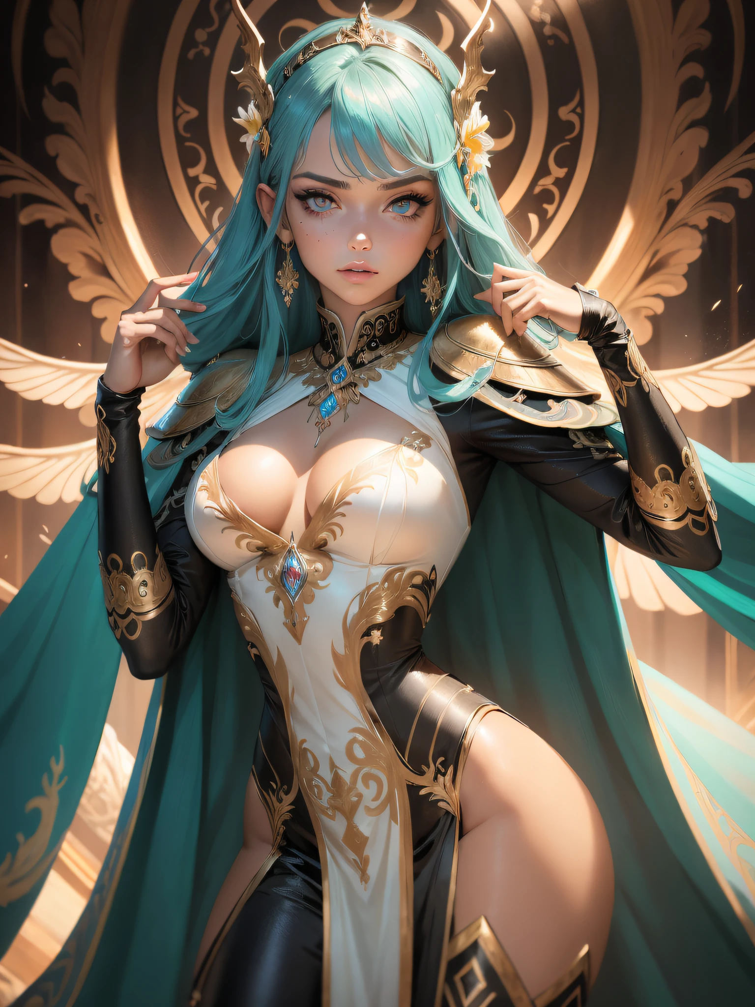 (melhor qualidade: 1.1), (master part: 1.1), (Valencia: 1  Menina obra-prima, melhor qualidade, Foto RAW, Realistic, rosto, incredibly ridiculous, Beautiful girl, Magic, cabelos longos e longos, depth of view, Altas, hiperdetalhado, finamente detalhado, RAWExtremely detalhado, olhos e rosto extremamente detalhados, sharp pupils, alunos realistas, foco nítido, Cinematic lighting, circunstanciado, anatomia perfeita, A closeup of a woman with beautiful brown eyes face in a costume with a dragon on her shoulder, Traje, Cinematic Goddess Body Shot, majestoso corpo inteiro anjo corpo inteiro, Elegant cinematic pose, tiro de corpo inteiro hiperdetalhado, personagem de fantasia hiperdetalhado, imagem de corpo inteiro, as a mystical valkyrie, corpo inteiro detalhado, Rainha elfa bonita e elegantee, Unrealistic engine rendering + uma deusa, grumpy lighting, brilhar, brilhante, Misterioso, mistic, magica, Rim lighting, vibrante, Psychedelic, colorido, intrincado, elegante, foco nítido, altamente detalhado, pintura digital, arte conceitual, Fosco, master part, Hyper detailed ultra sharp, Vibrant aesthetics, blood wave, colorido, Psychedelic, ornado, intrincado, pintura digital, arte conceitual, liso, foco nítido, illustration, beautiful female, (detailed pupils and iris of eyes :1.4), Tiroteio de cowboy, seios grandes,