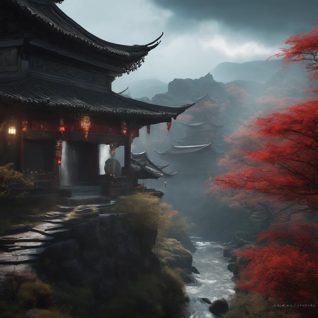 cyber punk perssonage,Taoist robes,cultivating immortals,water ink,High hills,self-assured,Fairy wind road bone,Blood flow in the background