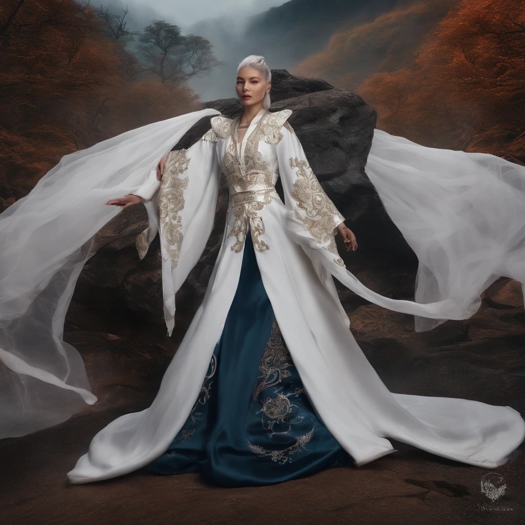 cyber punk perssonage,Taoist robes,cultivating immortals,water ink,High hills,self-assured,Fairy wind road bone,Blood flow in the background
