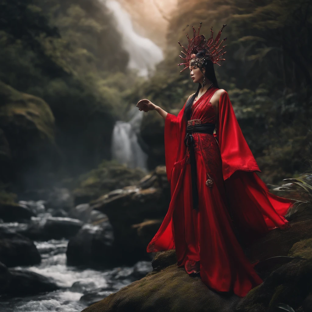 cyber punk perssonage,Taoist robes,cultivating immortals,water ink,High hills,self-assured,Fairy wind road bone,Blood flow in the background