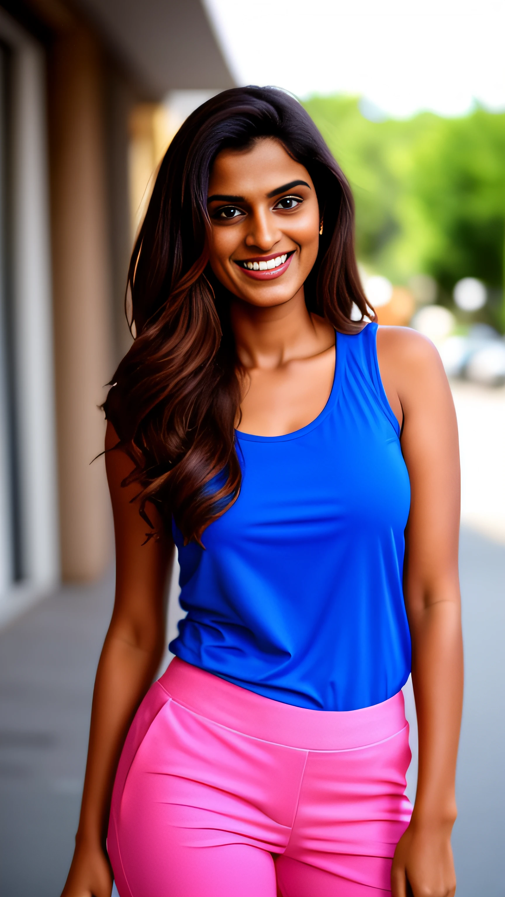 a indian female model in a blue top and pink pants posing for a picture, candid picture, blue tight tshirt, cute beautiful, cute seductive smile, candid photo, beautiful cute, candid!! dark background, seductive smile, with lovely look, close up half body shot, attractive girl, shy smile, sexy girl, candid shot, lovely smile, with a seductive smile, beautiful,
