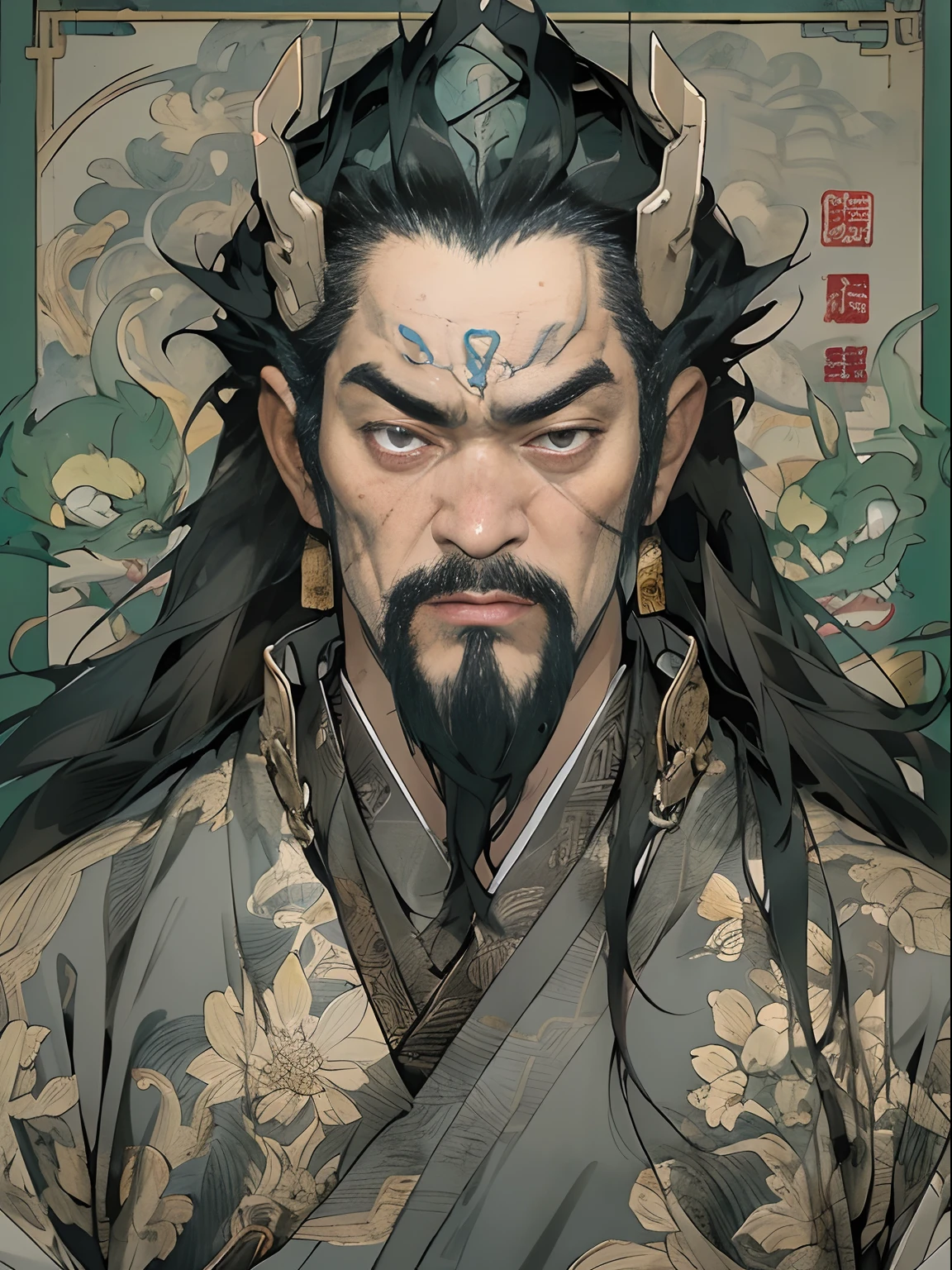 (((China-style，Ink painting method，Half-length portrait，Intense color，Han dynasty, China，Hanfu，Armor，Guan yu，Guan Yunchang，of a guy，Ruddy killing square face，Hold the Blue Dragon Moon Knife in his right hand，Stroke your beard with your left hand，Long hair，petty eyes，Green robe))), (((best qualityer))), (((tmasterpiece))), (((AS-Adult))), ((( Japanese ))), Look up from your knees, Handsome Asian samurai，perfect body figure, Modern samurai, ((( Asian))), Wear gloves on your hands，The left arm is made of steel and metal tips，Made of protective devices, The eyes are pulled, (( Appears below the chest )), (( Small dental floss )), Simon Bisley, Almost naked（Simon Bisley）Castle City Wilderness，For high-resolution posters, hair straight, Minimum clothing, armure (Crazy clothes ), Full of tips and rivets, tribal tattoos, (((full bodyesbian))), Straight brunette hair，Colored hair ends