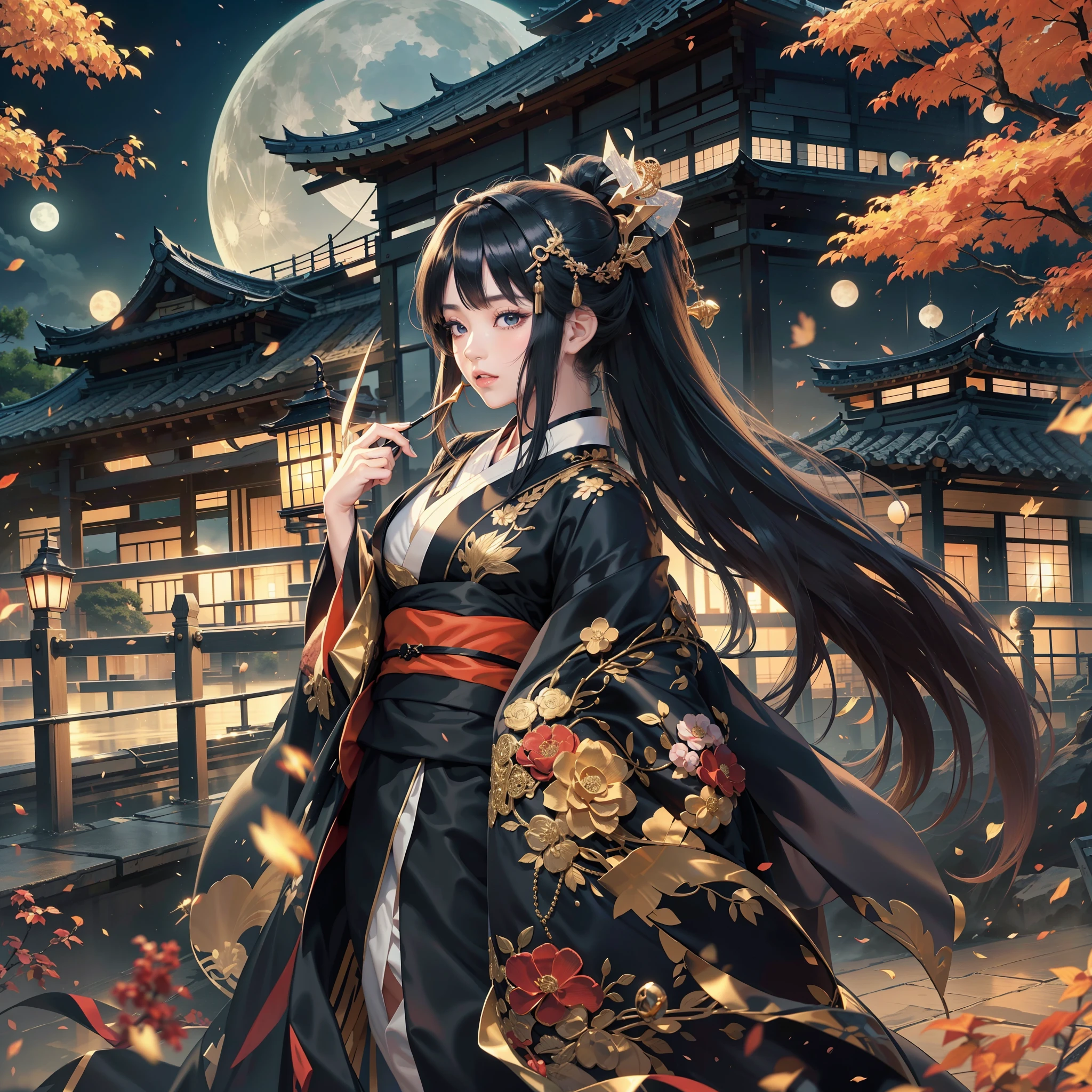 season　autumnal、watching at viewers、Ancient capital and moon in the background、poneyTail、Woman with shiny black hair、{{{Luxury kimono(Black kimono(Detailed golden embroidery,))}}}、face perfect,Depict a beautiful and graceful woman of Japan。Heart in the eye。full body Esbian。 Beautiful anime art wallpaper 8k, beautiful fantasy anime, Beautiful anime, Detailed anime artwork.Blur the background with a sickle,((masutepiece)), ((Best Quality))