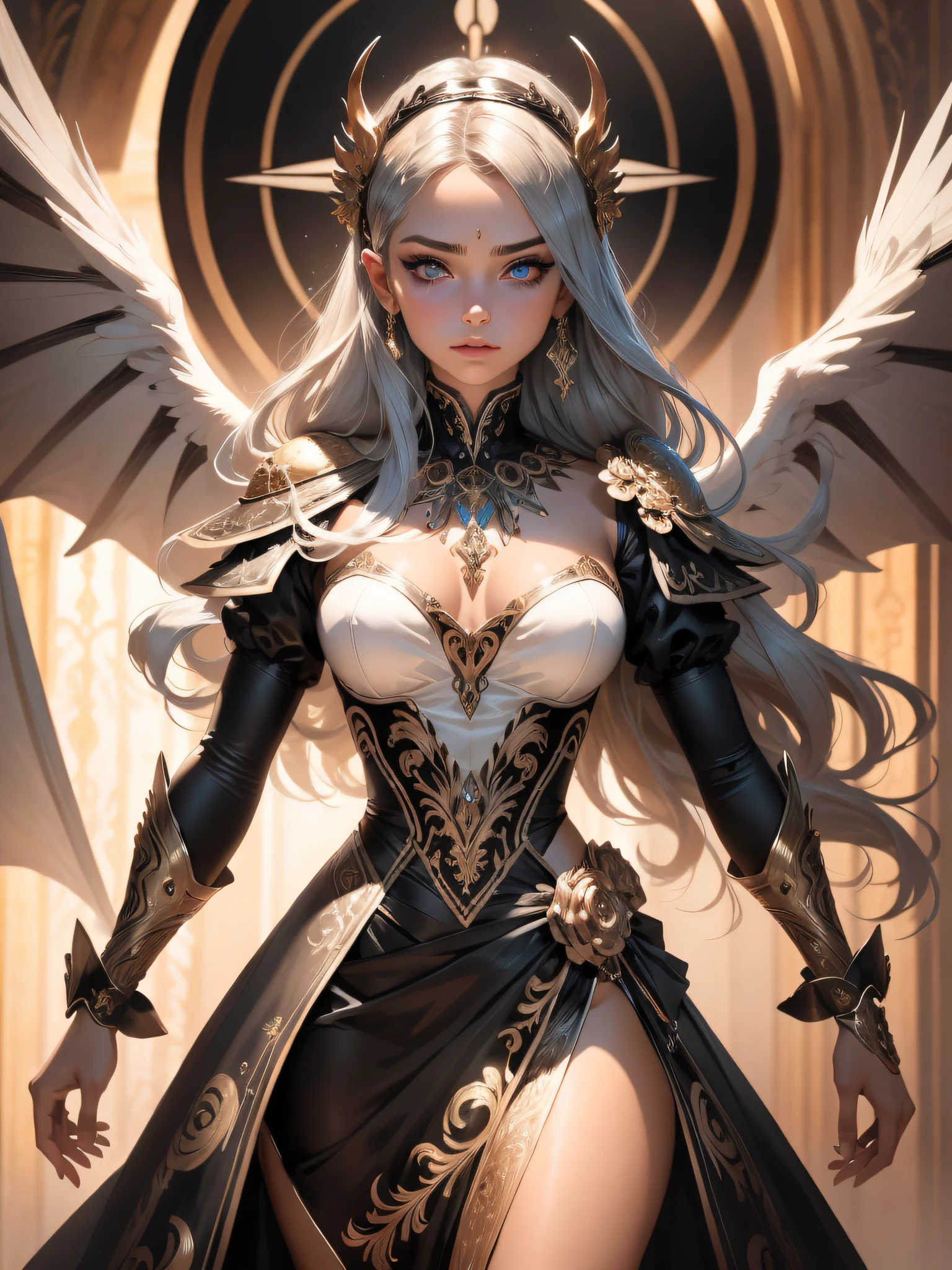 (melhor qualidade: 1.1), (master part: 1.1), (Valencia: 1 Menina obra-prima, melhor qualidade, Foto RAW, Realistic, rosto, incredibly ridiculous, Beautiful girl, Magic, cabelos longos e longos, depth of view, Altas, hiperdetalhado, finamente detalhado, RAWExtremely detalhado, olhos e rosto extremamente detalhados, sharp pupils, alunos realistas, foco nítido, Cinematic lighting, circunstanciado, anatomia perfeita, A closeup of a woman with beautiful brown eyes face in a costume with a dragon on her shoulder, Traje, Cinematic Goddess Body Shot, majestoso corpo inteiro anjo corpo inteiro, Elegant cinematic pose, tiro de corpo inteiro hiperdetalhado, personagem de fantasia hiperdetalhado, imagem de corpo inteiro, as a mystical valkyrie, corpo inteiro detalhado, Rainha elfa bonita e elegantee, Unrealistic engine rendering + uma deusa, grumpy lighting, brilhar, brilhante, Misterioso, mistic, magica, Rim lighting, vibrante, Psychedelic, colorido, intrincado, elegante, foco nítido, altamente detalhado, pintura digital, arte conceitual, Fosco, master part, Hyper detailed ultra sharp, Vibrant aesthetics, blood wave, colorido, Psychedelic, ornado, intrincado, pintura digital, arte conceitual, liso, foco nítido, illustration, beautiful female, (detailed pupils and iris of eyes :1.4), Tiroteio de cowboy, seios grandes,