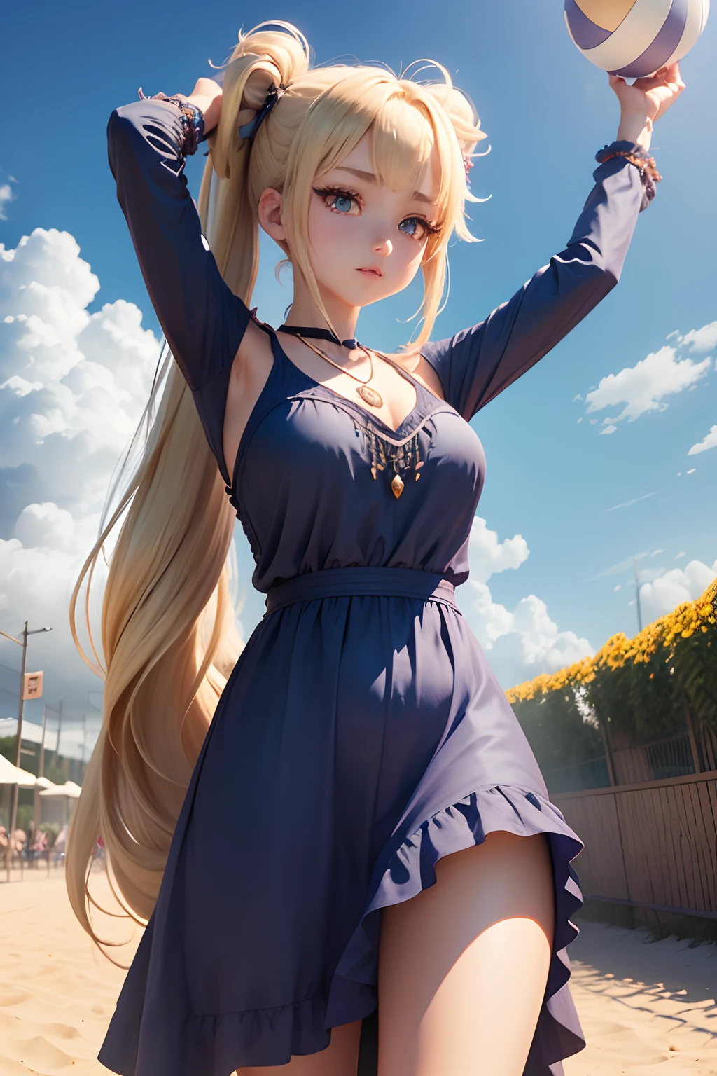 ( absurdly , High quality , ultra-detailliert ) ,( Hand Detail ) , 1girl in, Solo, Very long hair, Are sleeping , Beautiful crystal eyes ( eye detailed ) barroco, Necklace, Blue long dress, Long sleeve, Elegant, Colorful, highest details, Upper body , With the river and sunflowers,Smooth Anime CG Art, Rin,render of a cute 3d anime girl,Stretching clouds in the distance,（（（beach volley ball）））,Blonde twintails、Cool,