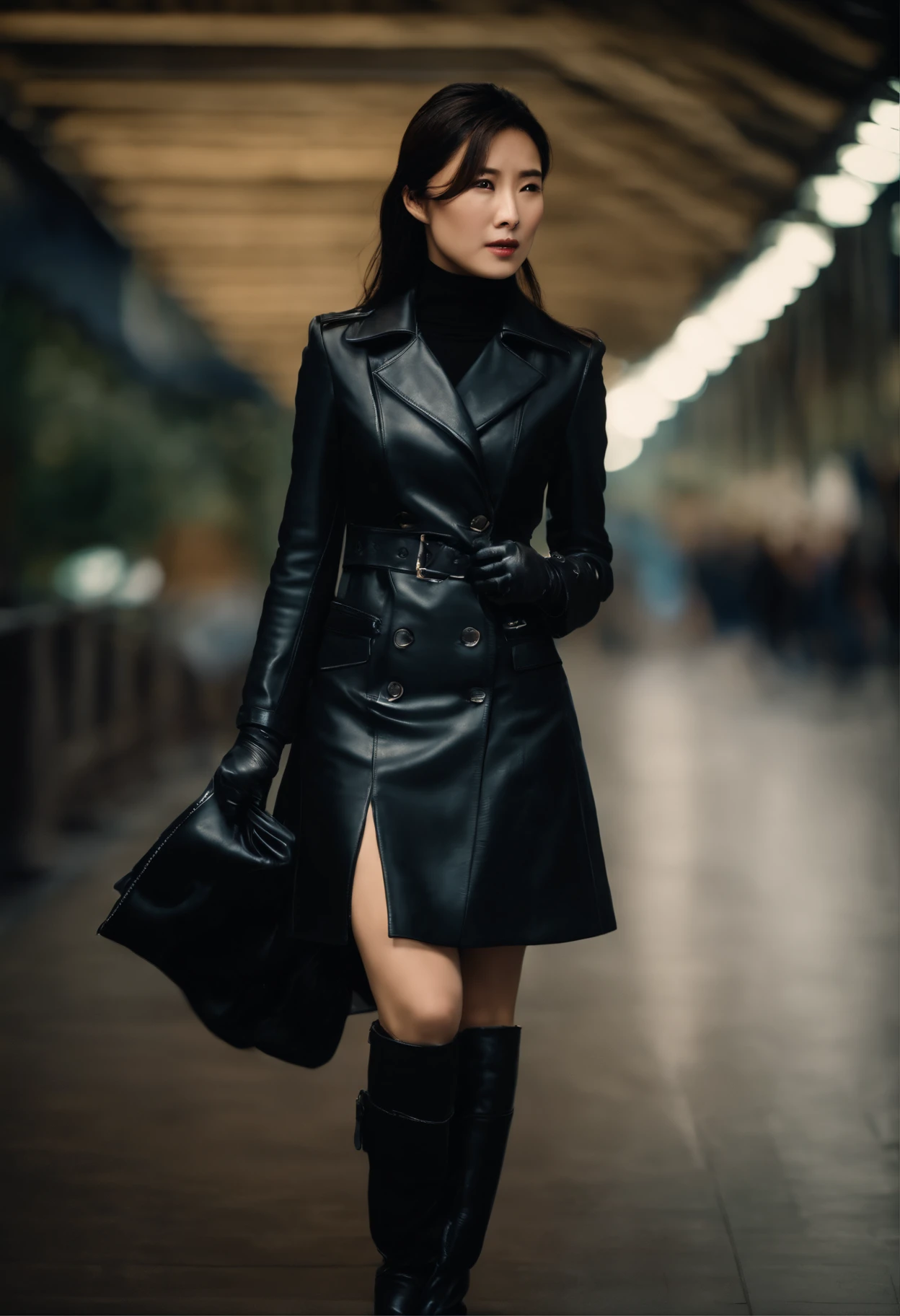 Business suits Black leather gloves long boots Face-to-face Young japanese lady
