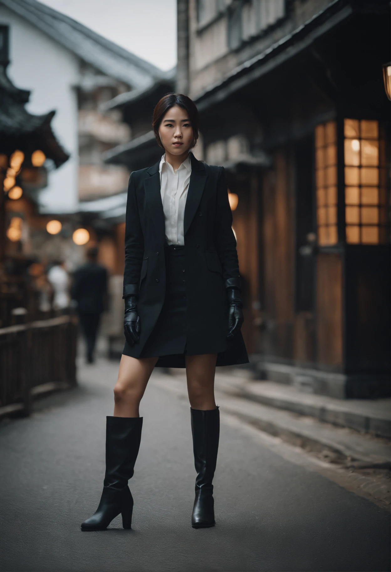 Business suits Black leather gloves long boots Face-to-face Young japanese lady