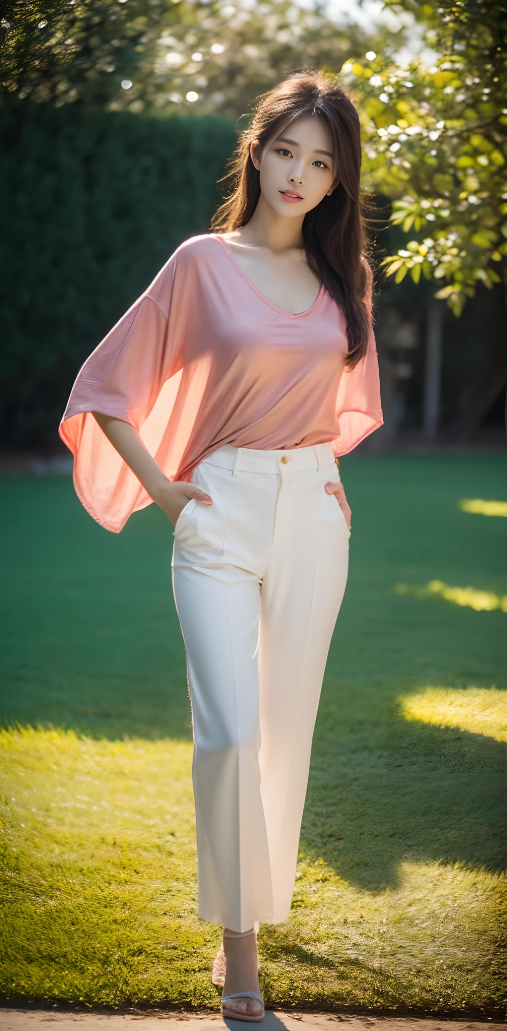 1 beautiful woman taking pictures on the grass of the villa，RAW photos，tmasterpiece，（highdetailskin：1.2），8k ultra high definition，digital SLR camera，gentlesoftlighting，high high quality，filmgrain，富士XT3，20 years old Asian woman，Wear simple clothes，T-shirt and white loose slacks（（（White wide-leg pants，cargo pants，casual pants））），Detailed clothing details:1.3，perfect body figure，Perfect breasts and nipple bulge，The legs are straight and slender，Branded stylish shoes:0.6，Super detailed facial details and skin，Fair pink face and skin，The skin is pink，with light glowing，二重まぶた，Super detailed eyes，(Gloss on lips, eyeslashes, Glossy face, Best quality, Super high resolution, warm color，Wide lighting, naturalshadow), Sexy, Full body shooting: 1.8