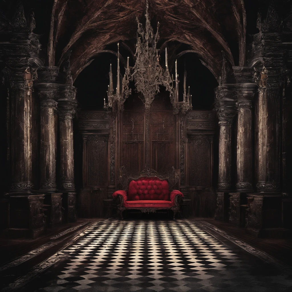 hall with throne of royalty, janela com luar, Cortinas Vermelhas, ((noite)), Gothic style, ((cores obscuras)), terror, cores vivas