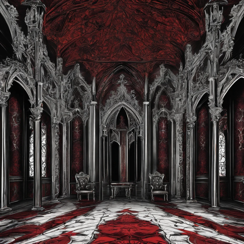 hall with throne of royalty, janela com luar, Cortinas Vermelhas, ((noite)), Gothic style, ((cores obscuras)), terror, cores vivas