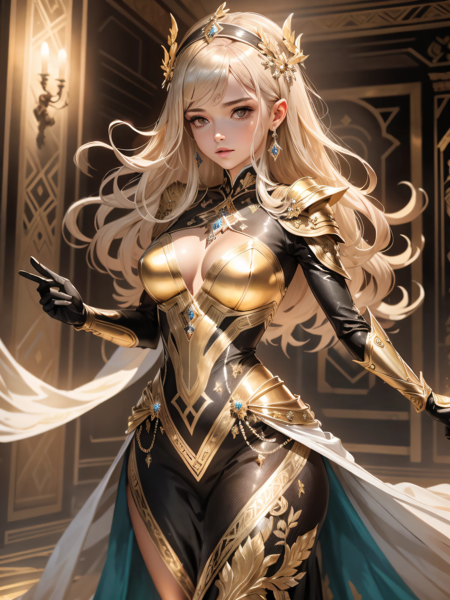 uma mulher em um vestido dourado, Realistic art station, cena de chuva forte, arte de fantasia detalhada, arte de personagem impressionante, Bela arte de personagem requintado, Bela armadura de ouro, extremamente detalhado, armadura brilhante , Cocar e joias intrincados requintados, captura de corpo inteiro,
