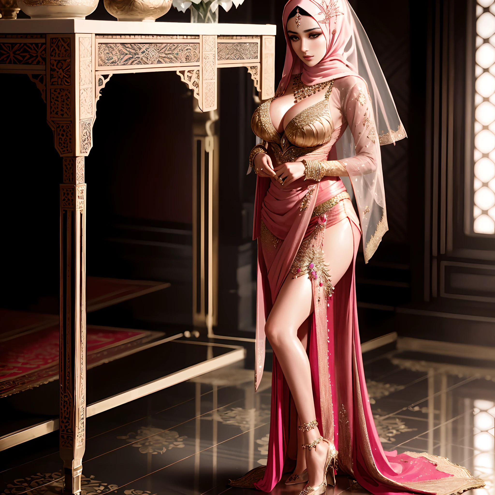 araffe woman in a pink dress and veil posing for a picture, arabian princess, royal elegant pose, arabian beauty, orientalisme, arab princess, a beautiful fantasy empress, stunning elegant pose, elegant glamor pose, persian princess, elegant seducing pose, standing elegant pose, elegant woman, elegant cinematic pose, beautiful arab woman, sexy gown
