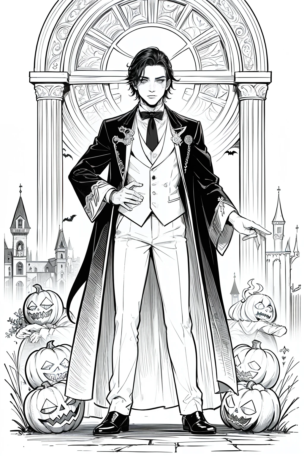 Obra maestra, superlativo, young vampire male very masculine, solamente, Halloween , castle fondo blanco, monocromo, line drawing, ((bosquejo)), spooky, spooky Halloween , white eyes,