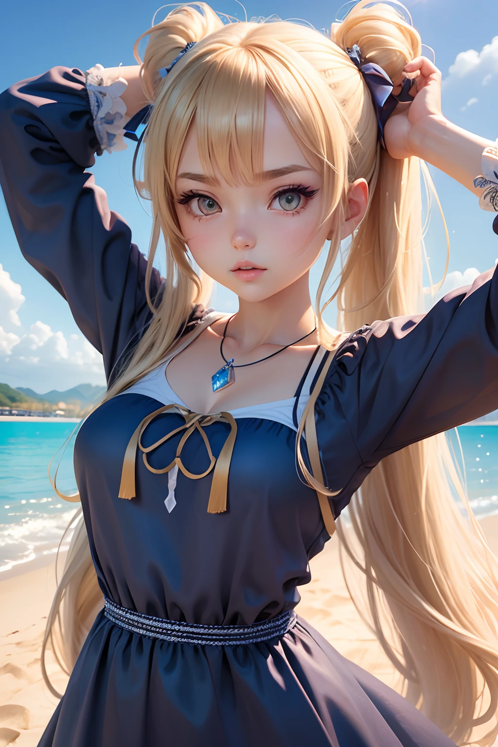 masterpiece, rich colors, Best quality, detailed, high resolution, Hyper quality, high detail, , high quality, detailing, skinny sexy girl on the beach , bright lighting , green eyes, anime, palm trees, bright lighting,