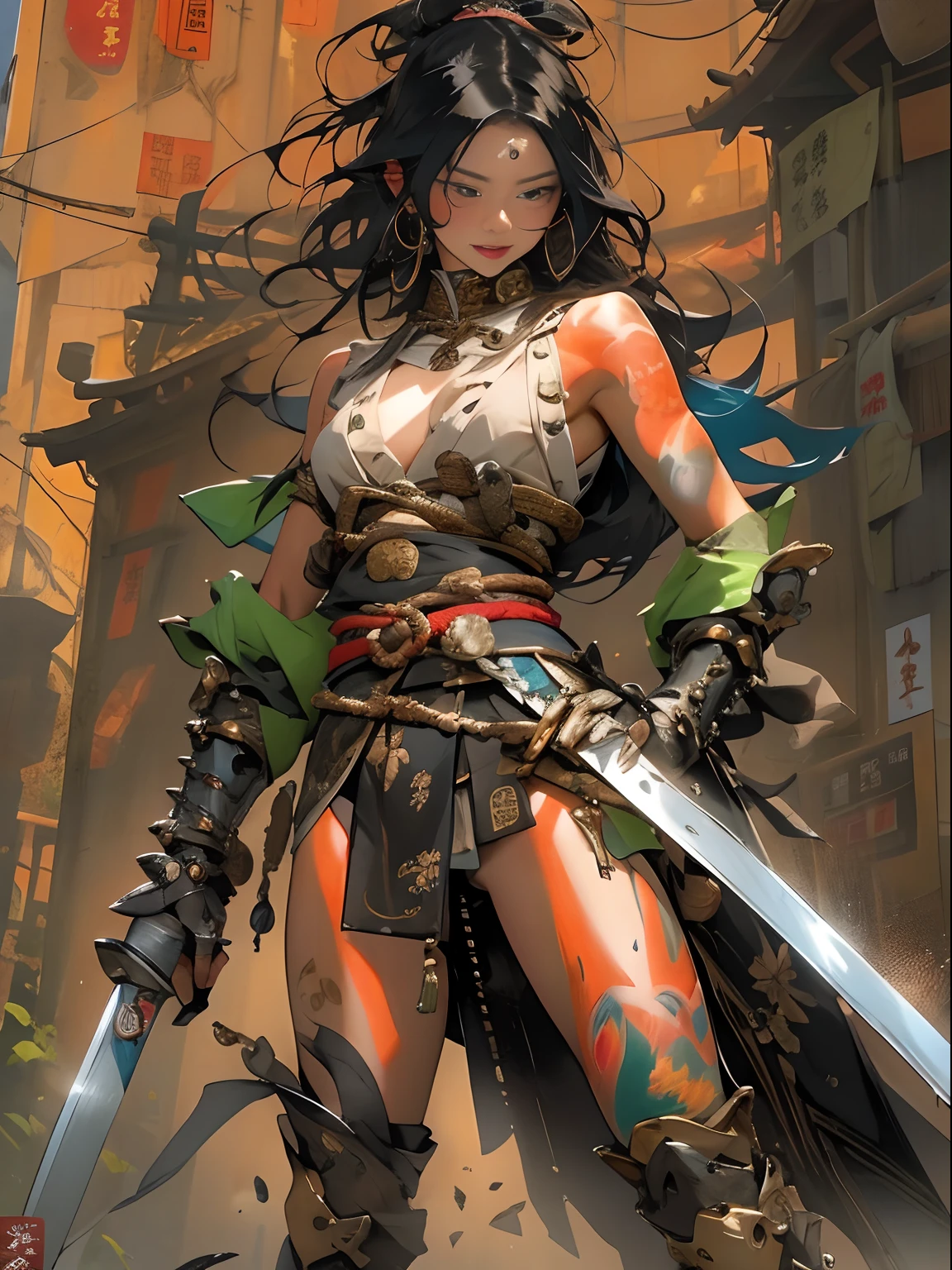 (((woman))), (((best qualityer))), (((tmasterpiece))), (((AS-Adult))), ((( Japanese ))), Look up from your knees, A beautiful asian samurai woman with perfect body, Modern samurai, ((( Asian))), Wear gloves on your hands，The left arm is made of steel and metal tips，Made of protective devices, The eyes are pulled, (( Appears below the breast )), (( Small dental floss )), Simon Bisley, Almost naked（Simon Bisley）Castle City Wilderness，For high-resolution posters, hair straight, Minimum clothing, armure (Crazy clothes ), Full of tips and rivets, tribal tattoos, (((full bodyesbian))), Straight brunette hair，Colored hair ends