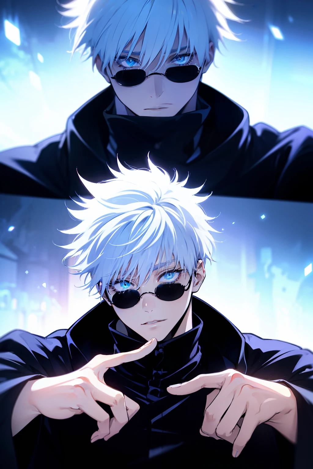 ((High detail、Cinematic lighting))、Messy white hair、aquamarine Eyes、White eyelashes、god light、Ray tracing、shadowing、Optical illusion、The upper part of the body、Looking at the camera、Masterpiece、((Super detail、Best quality、8K))、jujutsu kaisen、Gojo Gojo、Black attire、Surgery begins、Perfect black background、serene look、formidable presence、Enigmatic Atmosphere、(Strange moonshine、Ominous Shadows、 Intense Blue Aura、 Rich red glow、Symbolizes the power around him、Radiating Magical Energy、Mystical Artifacts、Ether-like granules、dynamicposes、epic soundtrack、(((The detailed hand)))、sunglass