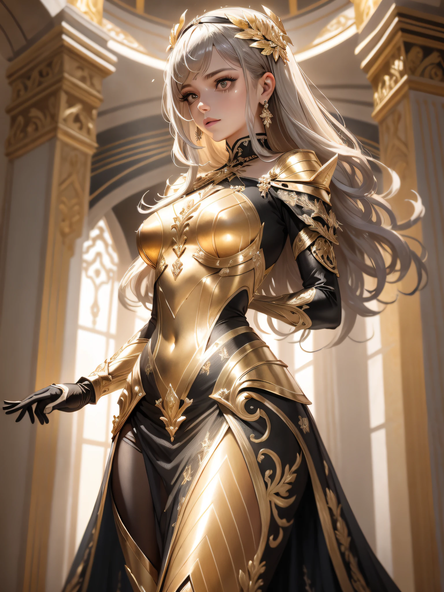 uma mulher em um vestido dourado, Realistic art station, cena de chuva forte, arte de fantasia detalhada, arte de personagem impressionante, Bela arte de personagem requintado, Bela armadura de ouro, extremamente detalhado, armadura brilhante ******, Cocar e joias intrincados requintados, captura de corpo inteiro,