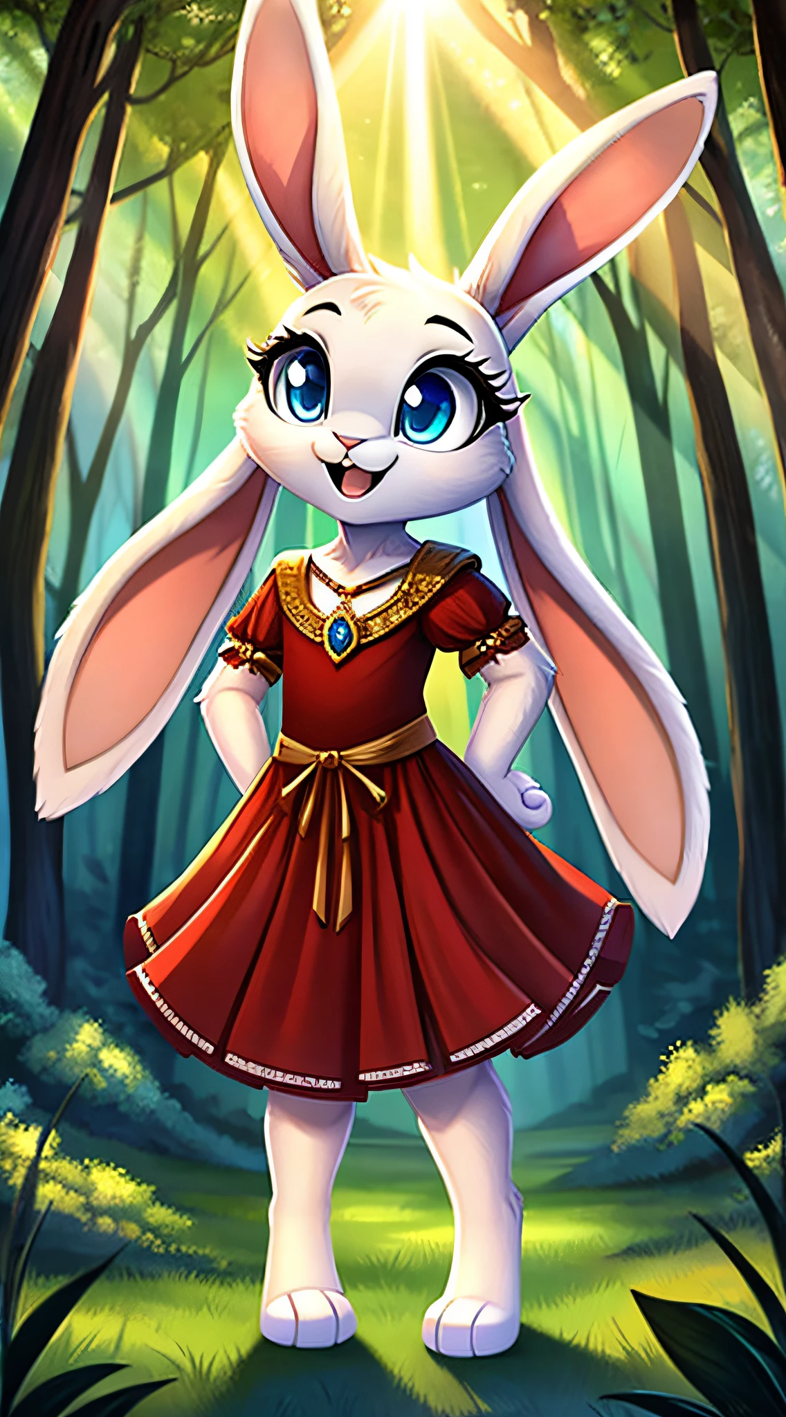 zoomed out image, fantasy style art, cute, adorable, small and tiny little fluffy female white bunny with blue eyes, big floppy ears, long ears, ears perked up, raised ears, long eyelashes, large poofy rabbit tail, huge and long rabbit feet, wearing a red frilly ribbon dress, smiling, standing in a thick forest, big expressive smile, open mouth, wide eyes, excited eyes, excited face, stunning visuals, sunrays coming through the trees, digital illustration