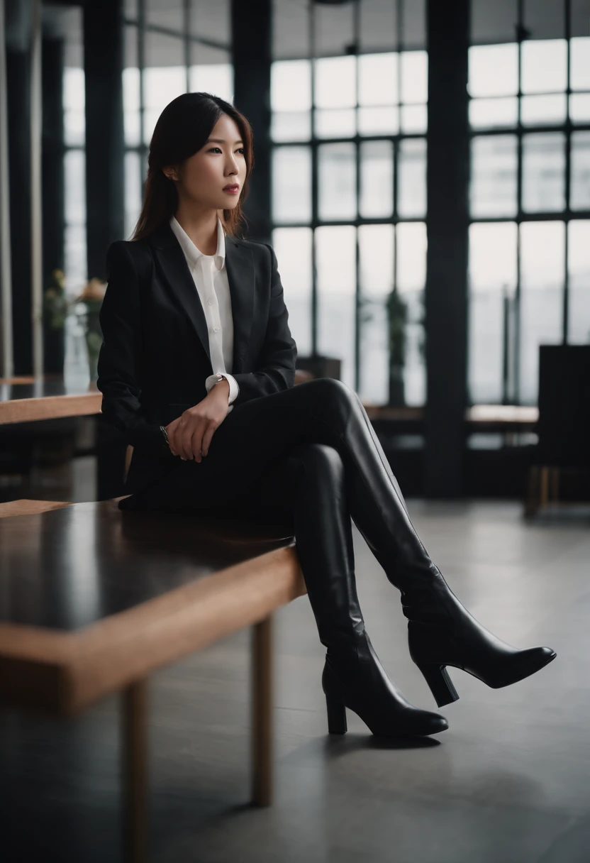 Business suits Black leather gloves long boots Face-to-face Young japanese lady reception