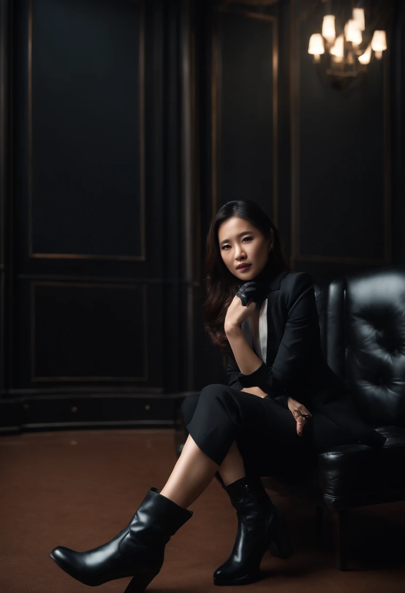 Business suits Black leather gloves long boots Face-to-face Young japanese lady reception