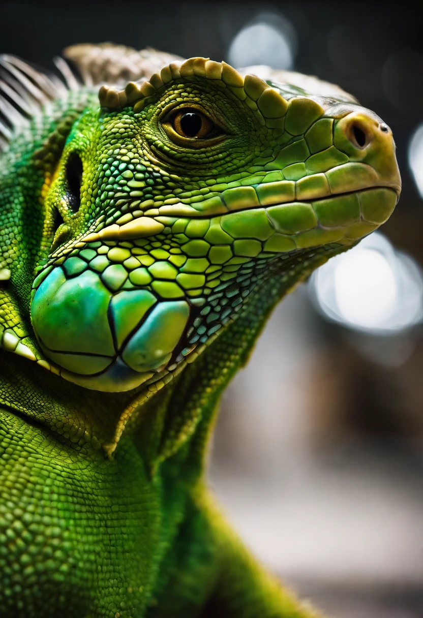 Adult green iguana,Body shape huge,Stout,Half-body close-up,The backstab is long and pronounced,The throat fan is turned on,Skin scales, granular and uneven texture,Metallic gradient,unreality,magic,Film and television science fiction,cyber punk perssonage,Computer effects,Exaggerated details,High-definition Fujifilm color photo,The light from the back window is backlighted,8K,Near real and far virtual