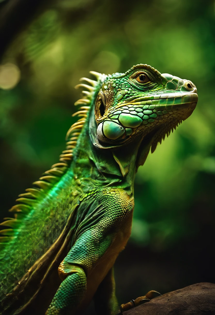 Adult green iguana，Body shape huge，Stout，Half-body close-up，The backstab is long and pronounced，The throat fan is turned on，Skin scales, granular and uneven texture，Metallic gradient，unreality，magic，Film and television science fiction，cyber punk perssonage，Computer effects，Exaggerated details，High-definition Fujifilm color photo，The light from the back window is backlighted，8K，Near real and far virtual