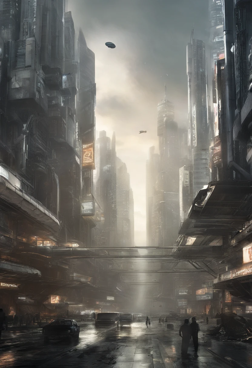 The bustling city of the future. Skyscrapers adorned with holographic billboards stretch towards the sky. people, Both humans and robots, Actively move along the street..... The atmosphere is in harmony with the chatter of humans and the hum of robots.
