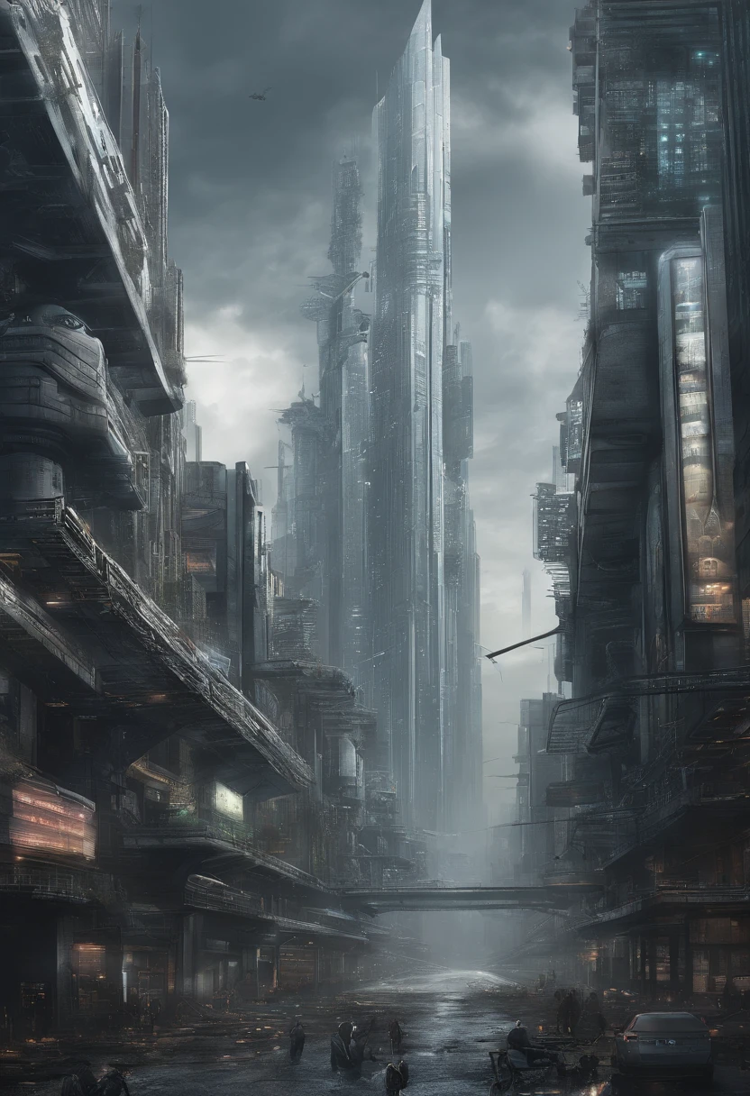 The bustling city of the future. Skyscrapers adorned with holographic billboards stretch towards the sky. people, Both humans and robots, Actively move along the street..... The atmosphere is in harmony with the chatter of humans and the hum of robots.