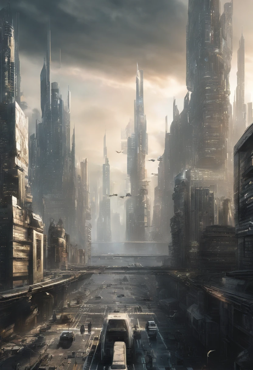 The bustling city of the future. Skyscrapers adorned with holographic billboards stretch towards the sky. people, Both humans and robots, Actively move along the street..... The atmosphere is in harmony with the chatter of humans and the hum of robots.