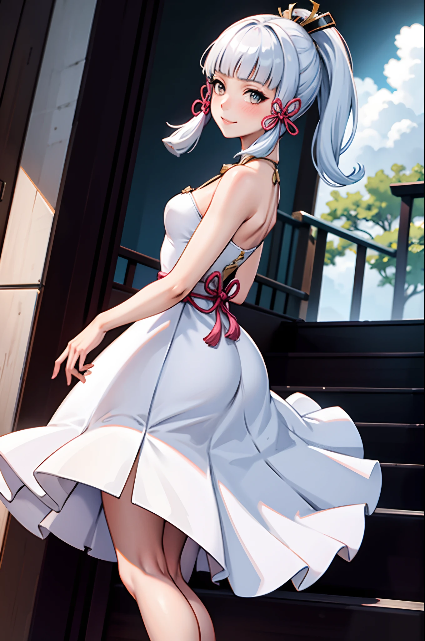 realistic, 1girl, w1 girl, Genshin Impact,Ayaka, Perfect Hands best quality, expressive eyes, perfect face, upper Big body, full body, smile, blush, white wedding dress, day, simple background,looking , Bright sky, looking at viewer, stairs, moody lighting