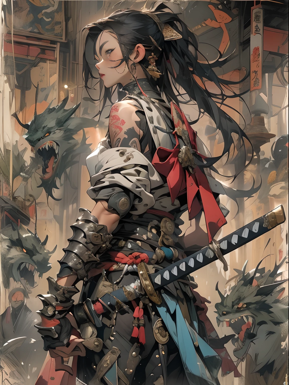 (((mtu))), (((best qualityer))), (((tmasterpiece))), (((AS-Adult))), ((( Japanese ))), Look up from your knees, Handsome Asian samurai,perfect body figure, Modern samurai, ((( Asian))), Wear gloves on your hands,The left arm is made of steel and metal tips,Made of protective devices, The eyes are pulled, (( Appears below the chest )), (( Small dental floss )), Simon Bisley, Almost naked(Simon Bisley)Castle City Wilderness,For high-resolution posters, hair straight, Minimum clothing, armure (Crazy clothes ), Full of tips and rivets, tribal tattoos, (((full bodyesbian))), Straight brunette hair,Colored hair ends
