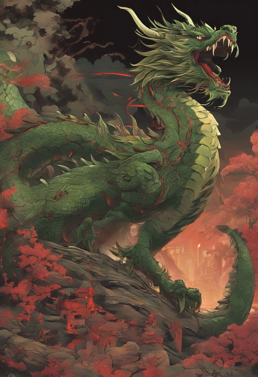China-style,Chinese mythology,Green Dragon,tosen,Ferocious,gargantuan,The eyes glow red,Glow effects,the night,中景 the scene is,Full body like, highly detailed surreal vfx,oc rendered, - AR 16:9 --q 2 --s 1000