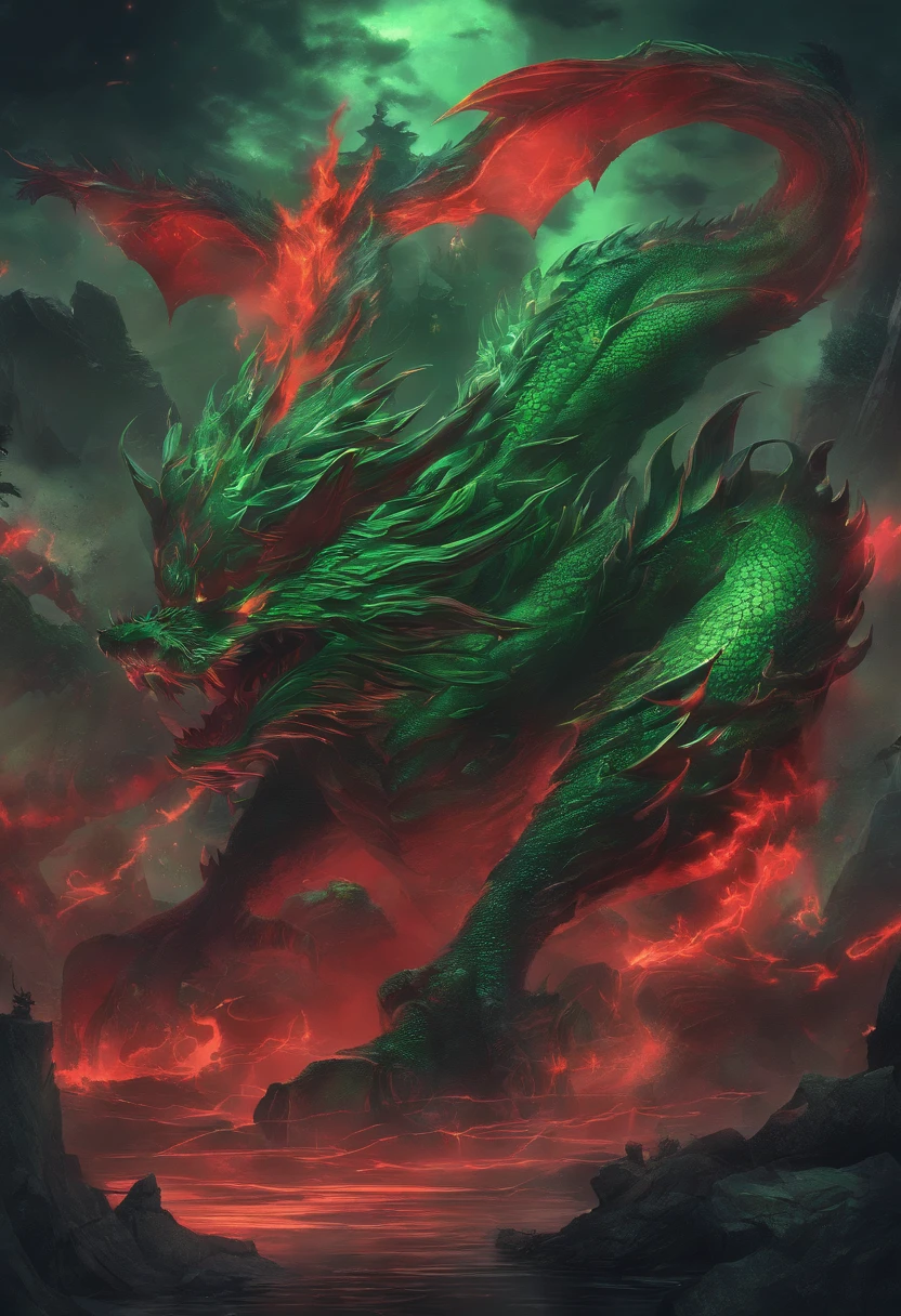 China-style,Chinese mythology,Green Dragon,tosen,Ferocious,gargantuan,The eyes glow red,Glow effects,the night,中景 the scene is,Full body like, highly detailed surreal vfx,oc rendered, - AR 16:9 --q 2 --s 1000