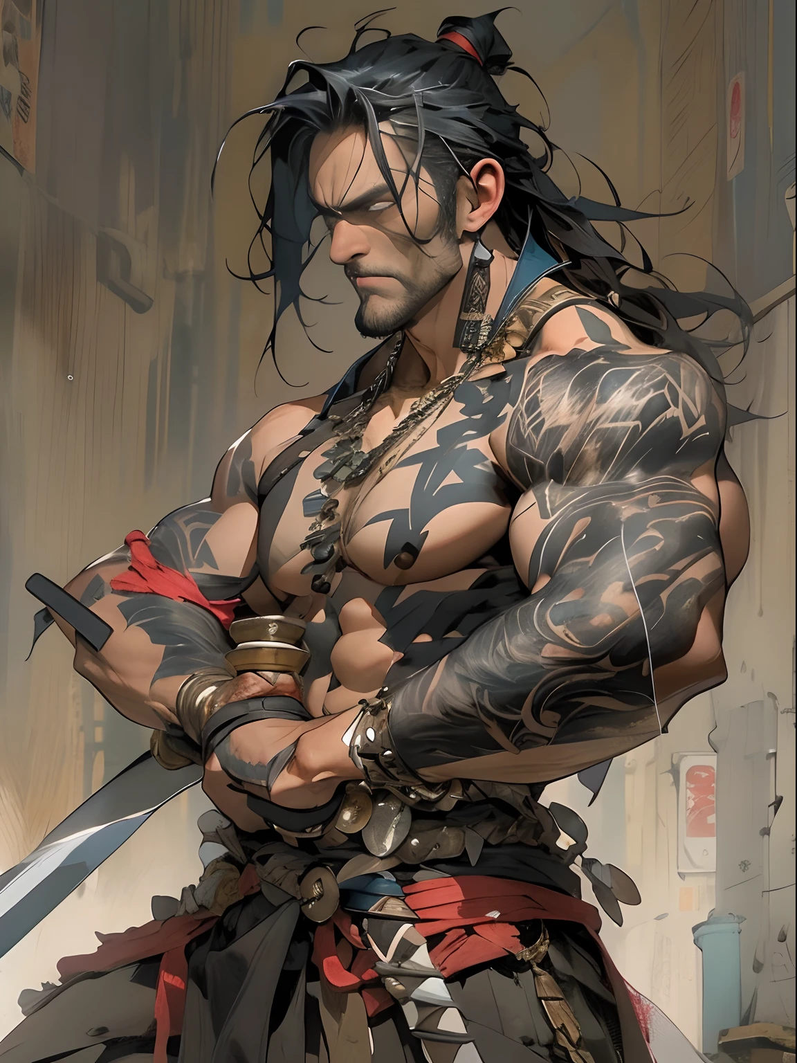 (((mtu))), (((best qualityer))), (((tmasterpiece))), (((AS-Adult))), ((( Japanese ))), Look up from your knees, Handsome Asian samurai,perfect body figure, Modern samurai, ((( Asian))), Wear gloves on your hands,The left arm is made of steel and metal tips,Made of protective devices, The eyes are pulled, (( Appears below the chest )), (( Small dental floss )), Simon Bisley, Almost naked(Simon Bisley)Castle City Wilderness,For high-resolution posters, hair straight, Minimum clothing, armure (Crazy clothes ), Full of tips and rivets, tribal tattoos, (((full bodyesbian))), Straight brunette hair,Colored hair ends