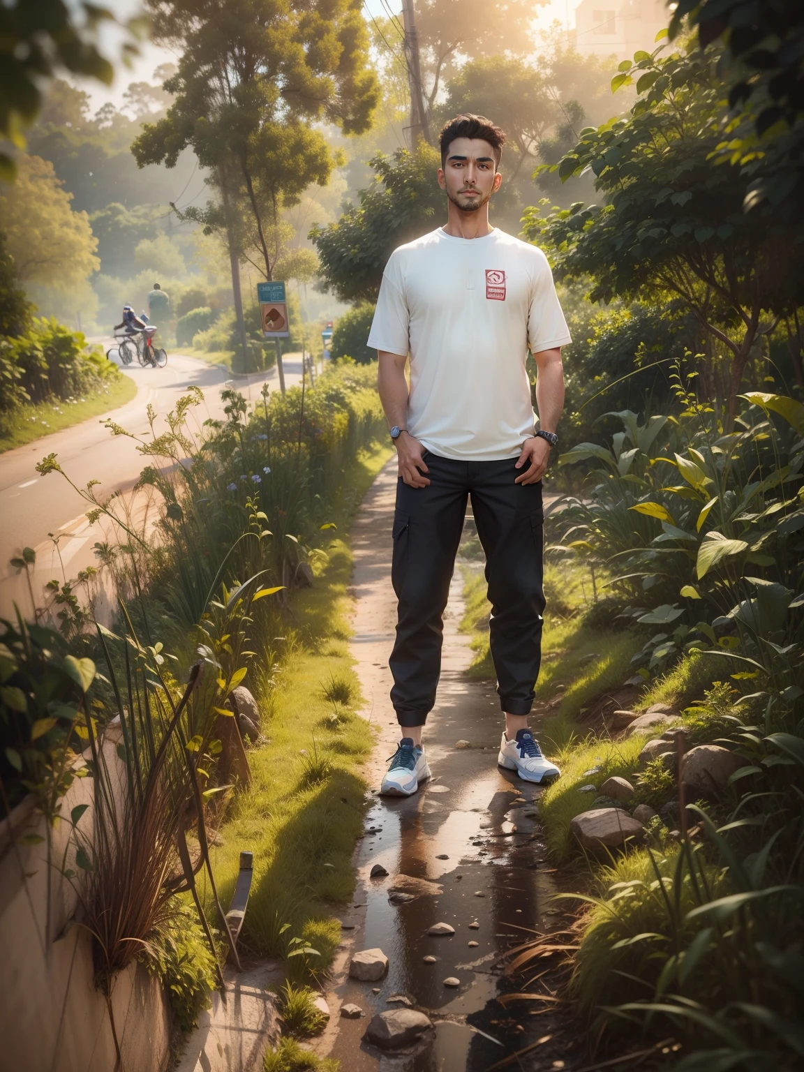 Look handsome with real face.standing on centre on road with bike