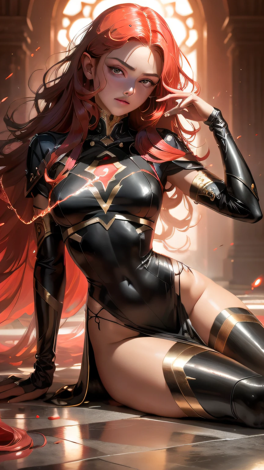 Beautiful Valkyrie,(melhor qualidade,hiper HD, master part, 16k),cara de ovo de ganso,olhos grandes,long eyeslashes,There are precious stones on the forehead,primoroso(estilo realista live-action),Olhos estrelados,Rosto definitivo,Luz e sombra fotorrealistas,clear facial features,pele branca leitosa,pele clara, highdetailskin,Detalhes realistas da pele,visible pore,(Super Detalhe),corpo pequeno,Carmelto, corpo inteiroesbian,She wears long loose black hair and reaches for her waist,(cabelo escorrendo), suavidade,asas enormes,Asas de Cristal,(Super Detalhe),Use um vestido cardigan de seda transparente,lindamente decorado,((dynamicposes),He sat on the floor,pernas ligeiramente abertas),Ser vermelho no rosto,((Dynamic background((red lightning)),fantasy space,Luxurious space,NSFW:1.07